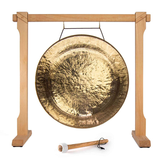 The Gong Shop Gongs Brilliant White Chau Gongs on Meinl Gong Stand