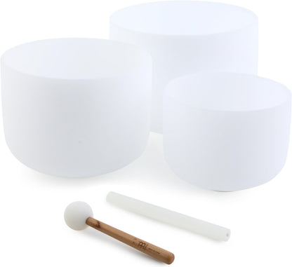 Meinl Sonic Energy 3-Piece Crystal Singing Bowl Set, 432 Hz — white frosted quartz bowls for chakra healing & sound baths