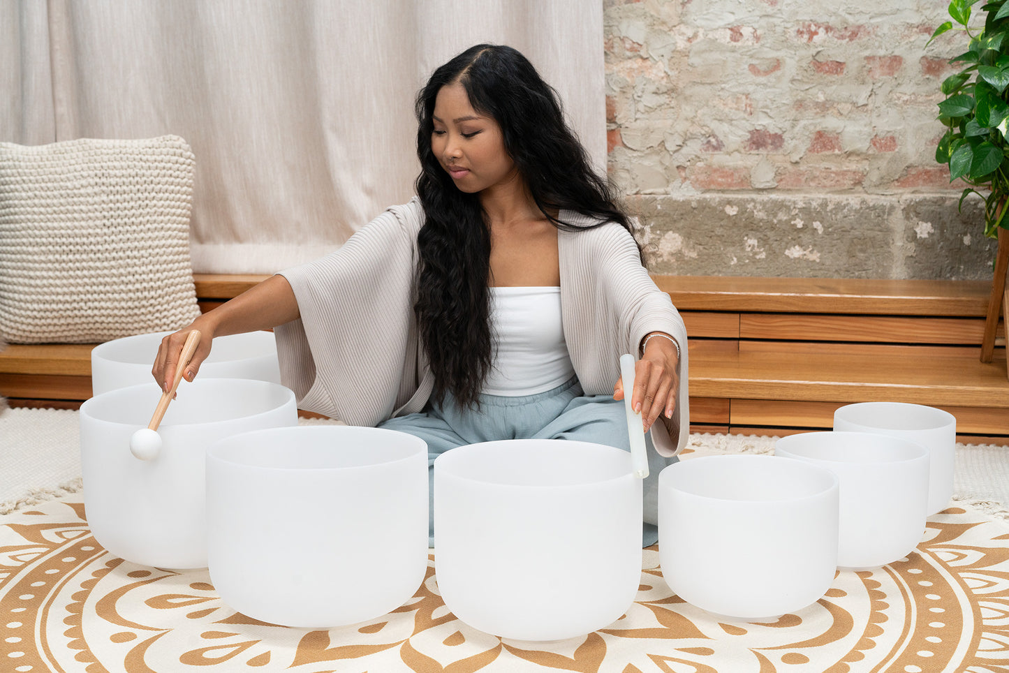 Meinl Sonic Energy CSBSETCHA 7-Piece Crystal Singing Bowl Chakra Set, 432 Hz, white frosted quartz