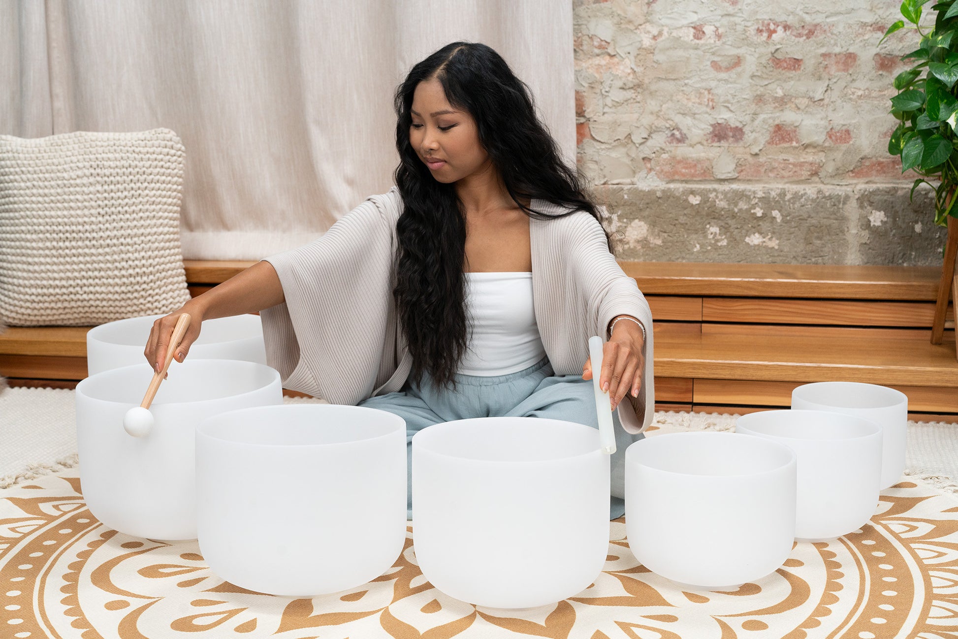Meinl Sonic Energy CSBSETCHA 7-Piece Crystal Singing Bowl Chakra Set, 432 Hz, white frosted quartz