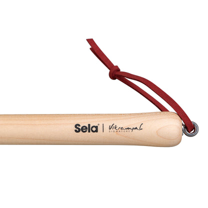 Sela SEGOM2M gong mallet handle detail with Sela and Vikrampal branding